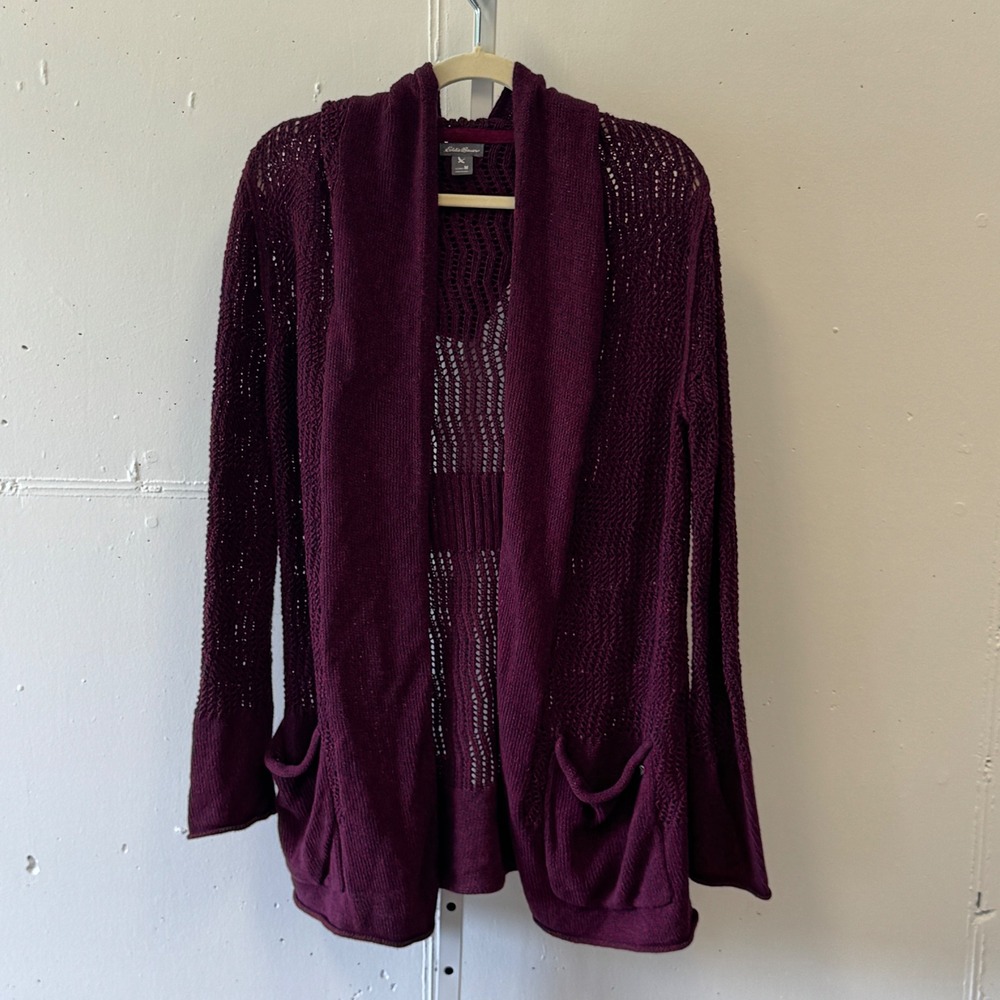Eddie Bauer Linen Blend Open Knit Hooded Cardigan Sweater Medium Burgundy Fall